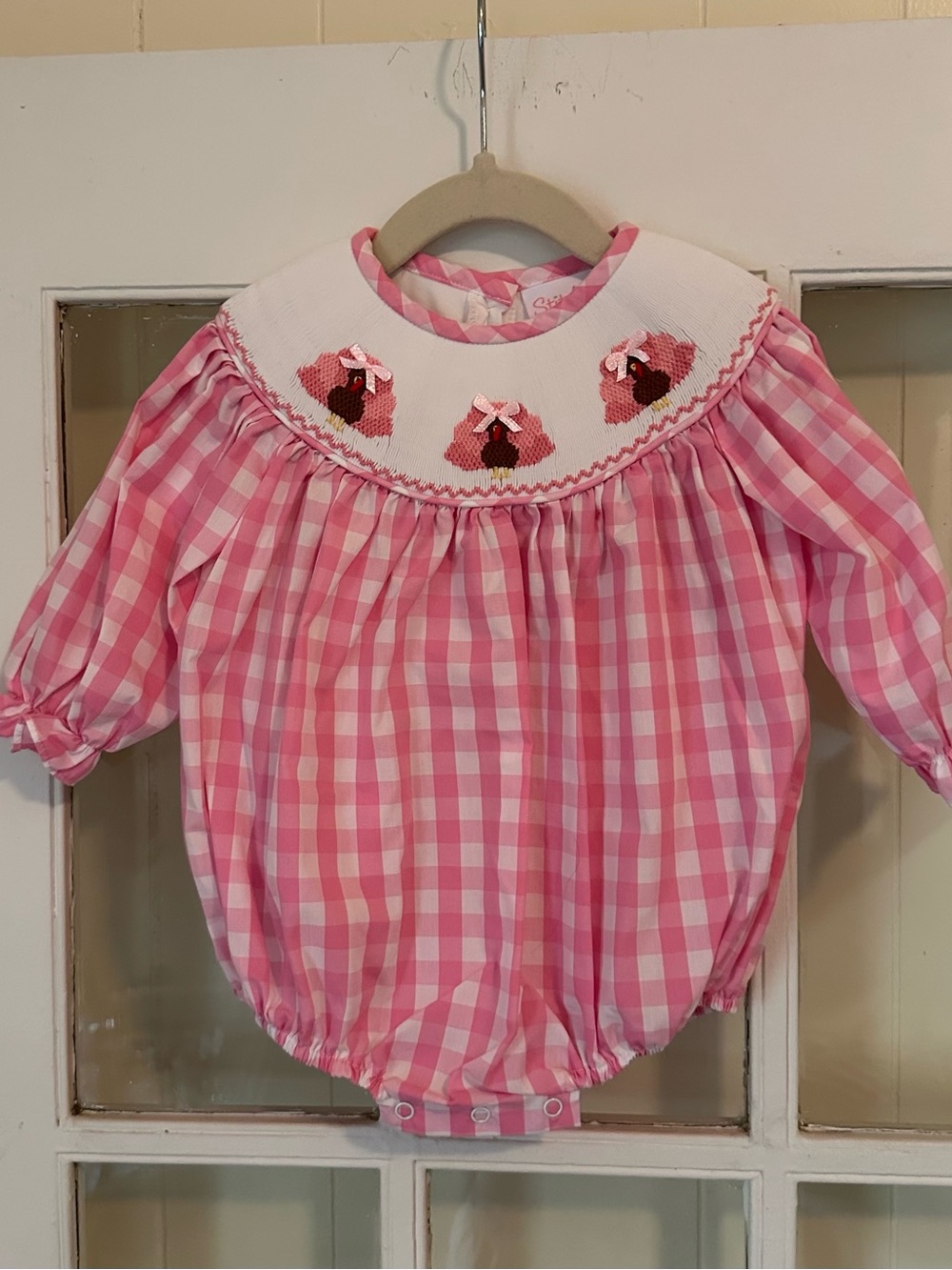 Stitchy Fish pink gingham smocked turkey bubble (6 months)